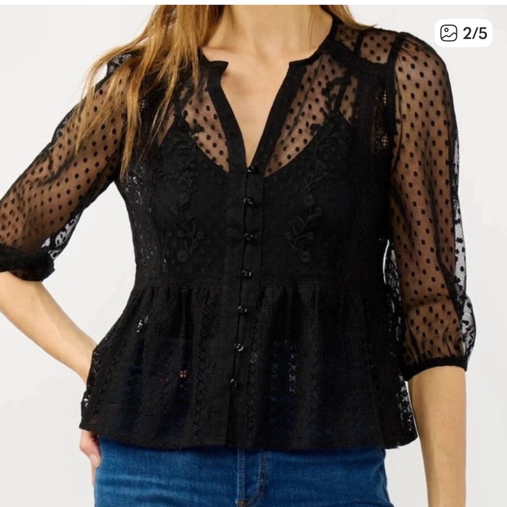 lovestitch Black Sheer Swiss Dot Peplum Blouse - Picture 4 of 4